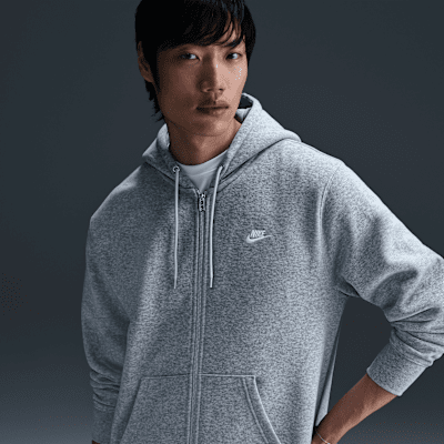 Nike Club Full-Zip Fleece Hoodie Dark Grey Heather/Light Smoke Grey/White