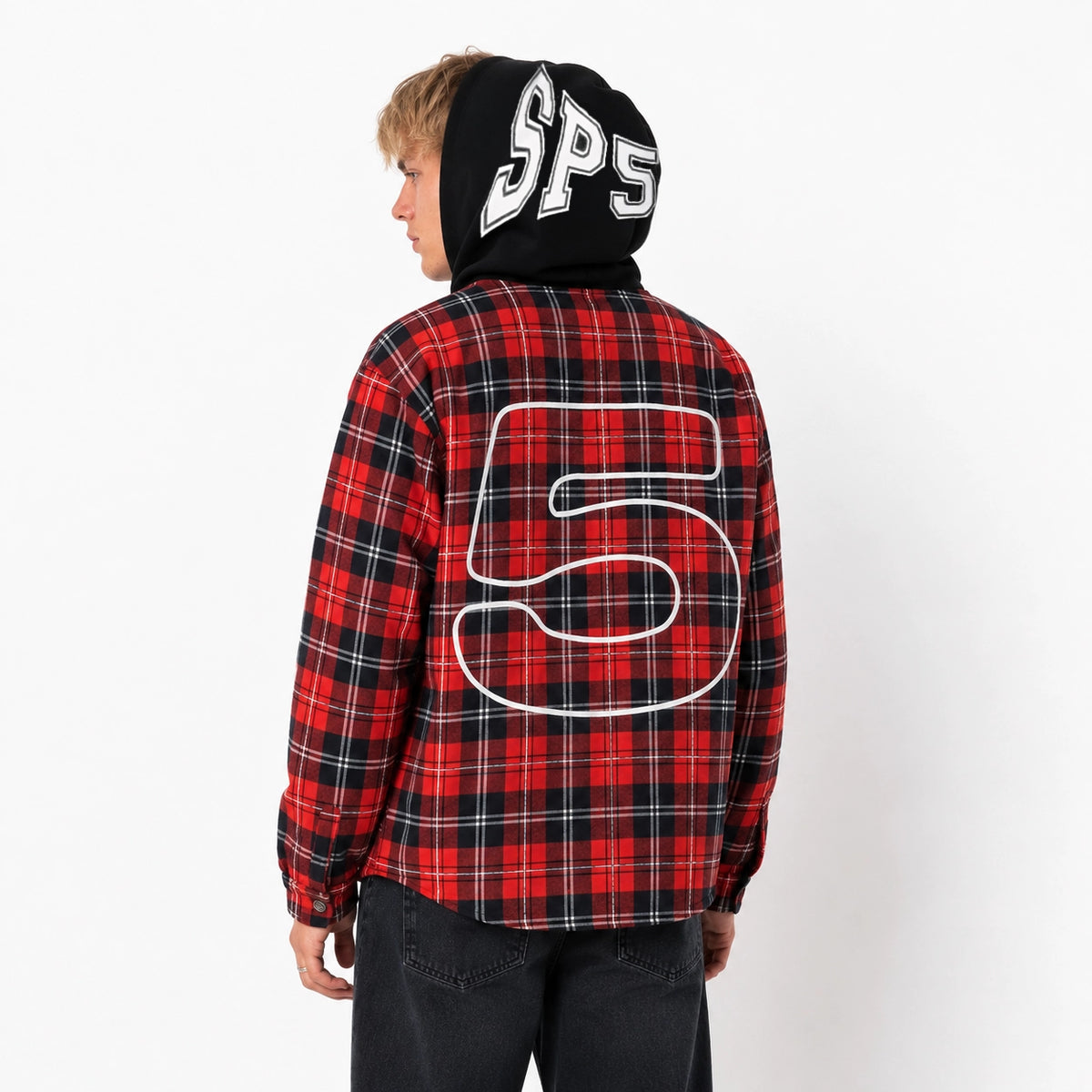 Sp5der Hooded Zip Flannel Shirt Jacket Red Plaid