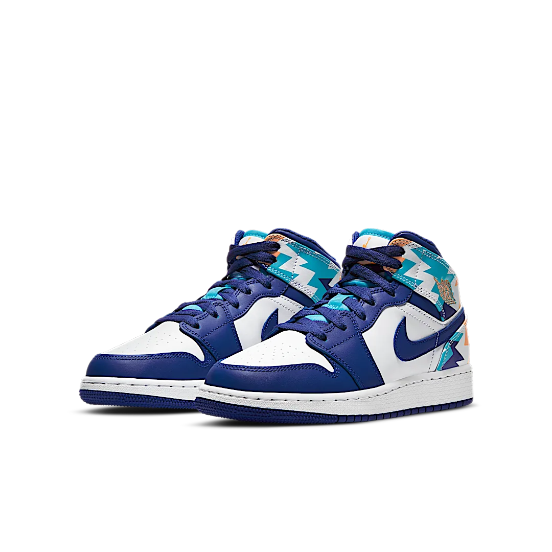 Air Jordan 1 Mid Geometric Print, White/Blue-Multi (555112-105)