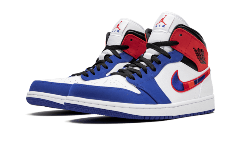 Air Jordan 1 Mid Multi-Color Swoosh, White/Game Royal-Gym Red-Black (852542-146 / BQ6931-146)