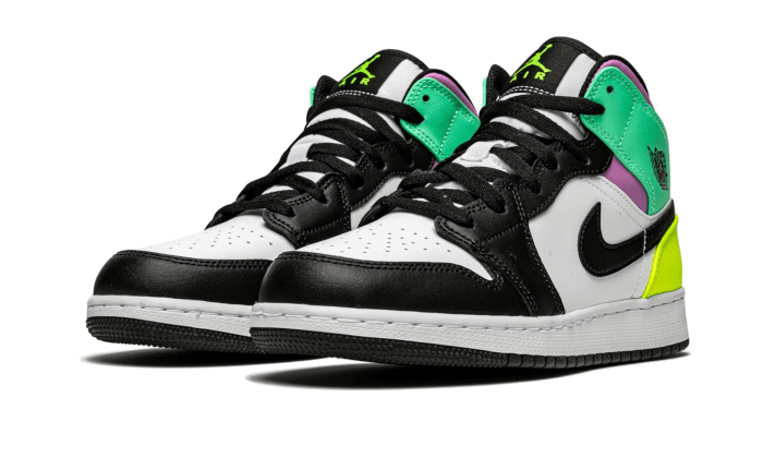 Air Jordan 1 Mid Pastel Black Toe, White/Black-Volt-Green Glow (554725-175)