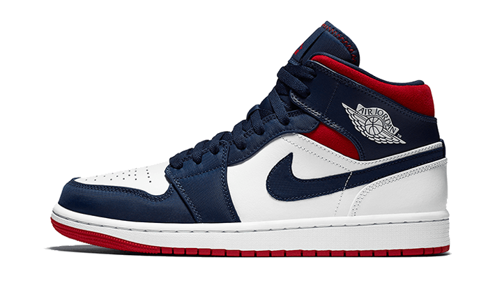 Air Jordan 1 Mid SE USA, White/Varsity Red-Midnight Navy (852542-104 / BQ6931-104)