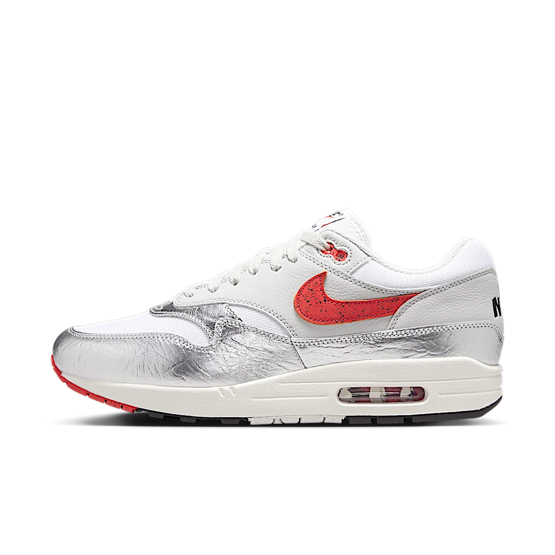 Nike Air Max 1 PRM SE Hot Sauce, White/Chile Red-Metallic Silver-Neutral Grey-Sail-Fir (HF7746-100)