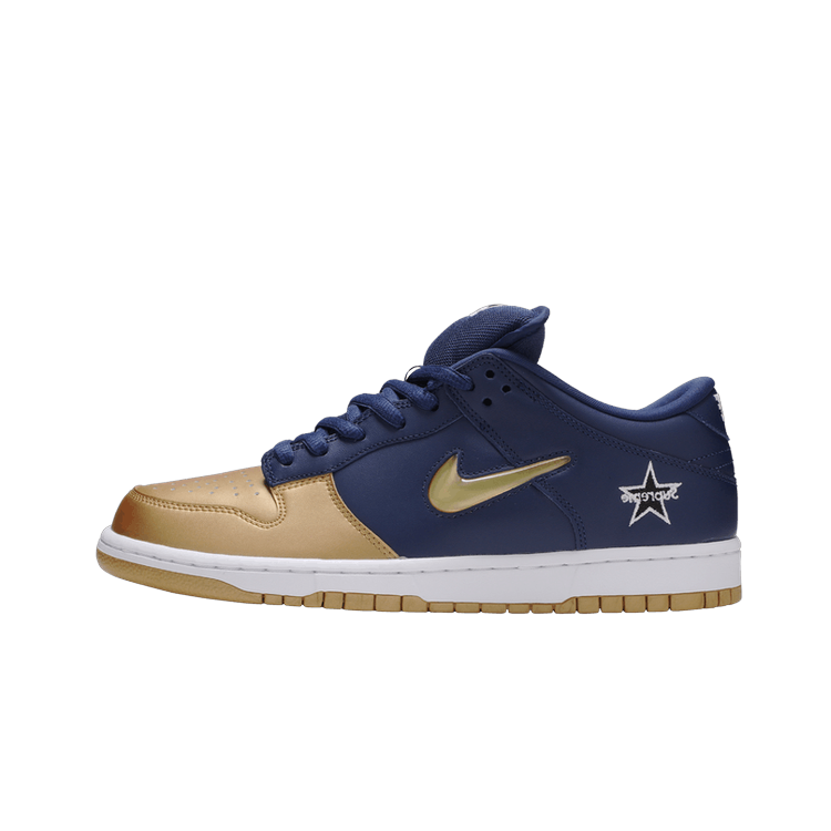 Nike SB Dunk Low Supreme Jewel Swoosh Gold, Metallic Gold/Metallic Gold-Midnight Navy-White (CK3480-700)