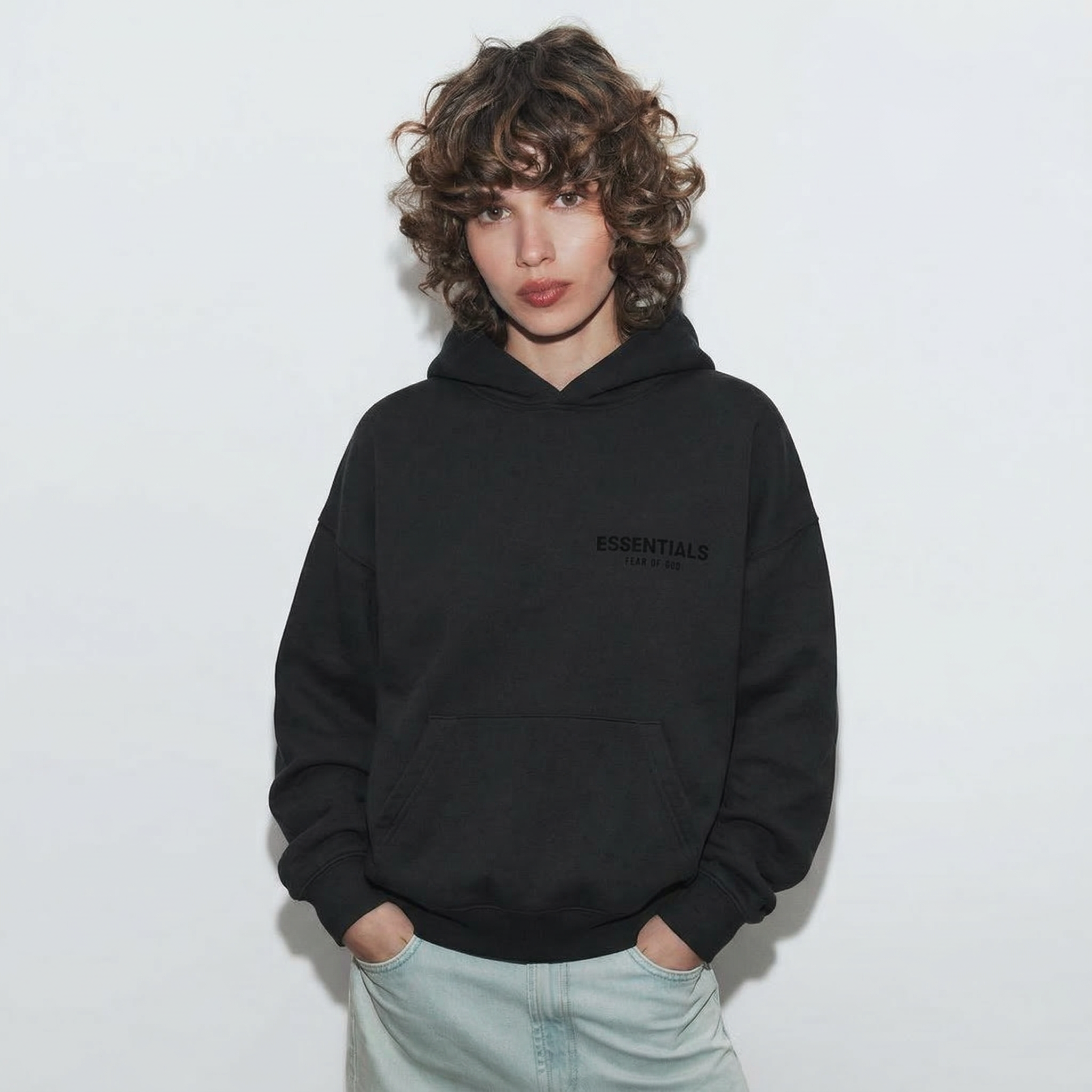 Female model wearing Essentials Stretch Limo Hoodie