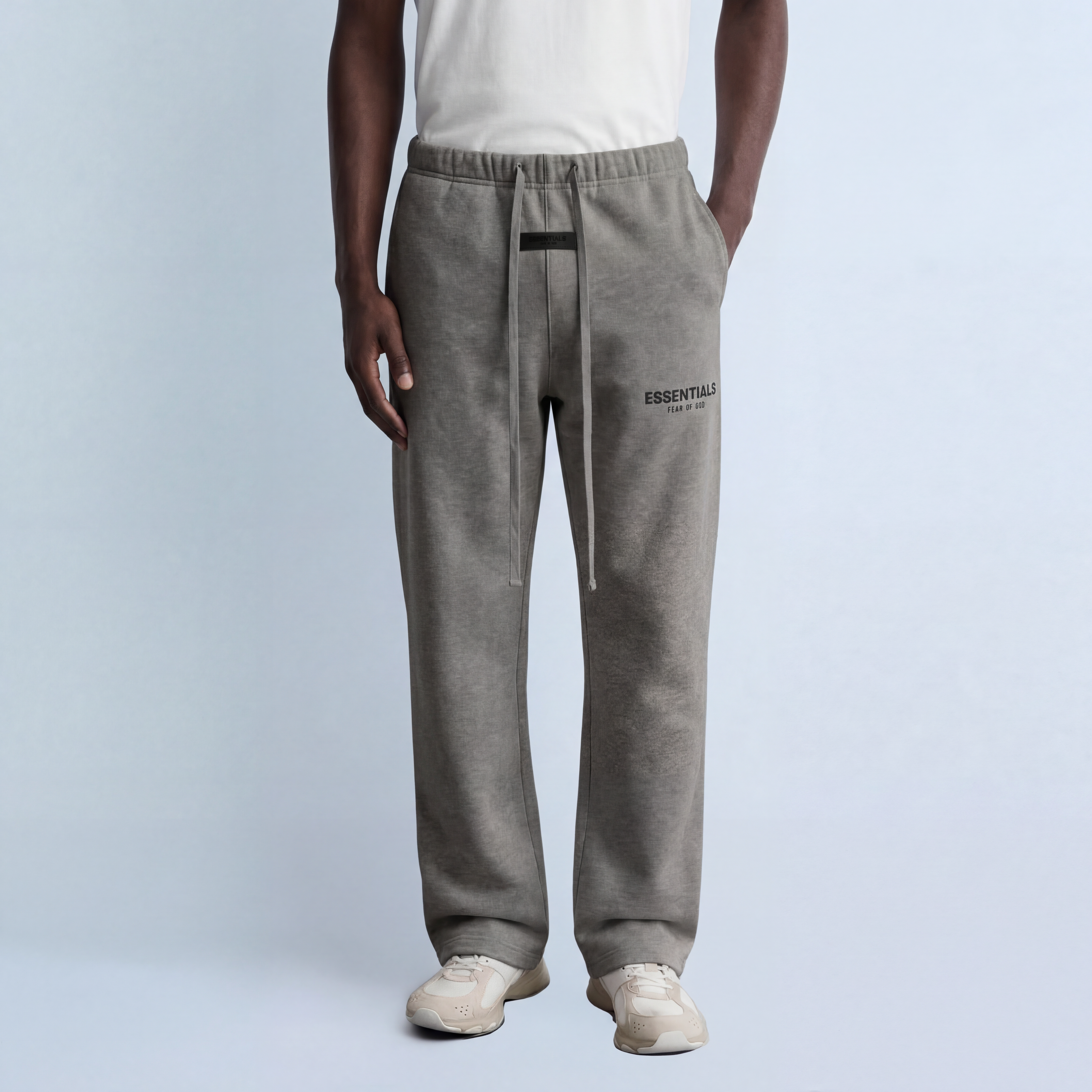 model wearing relaxed dark oatmeal sweaptans