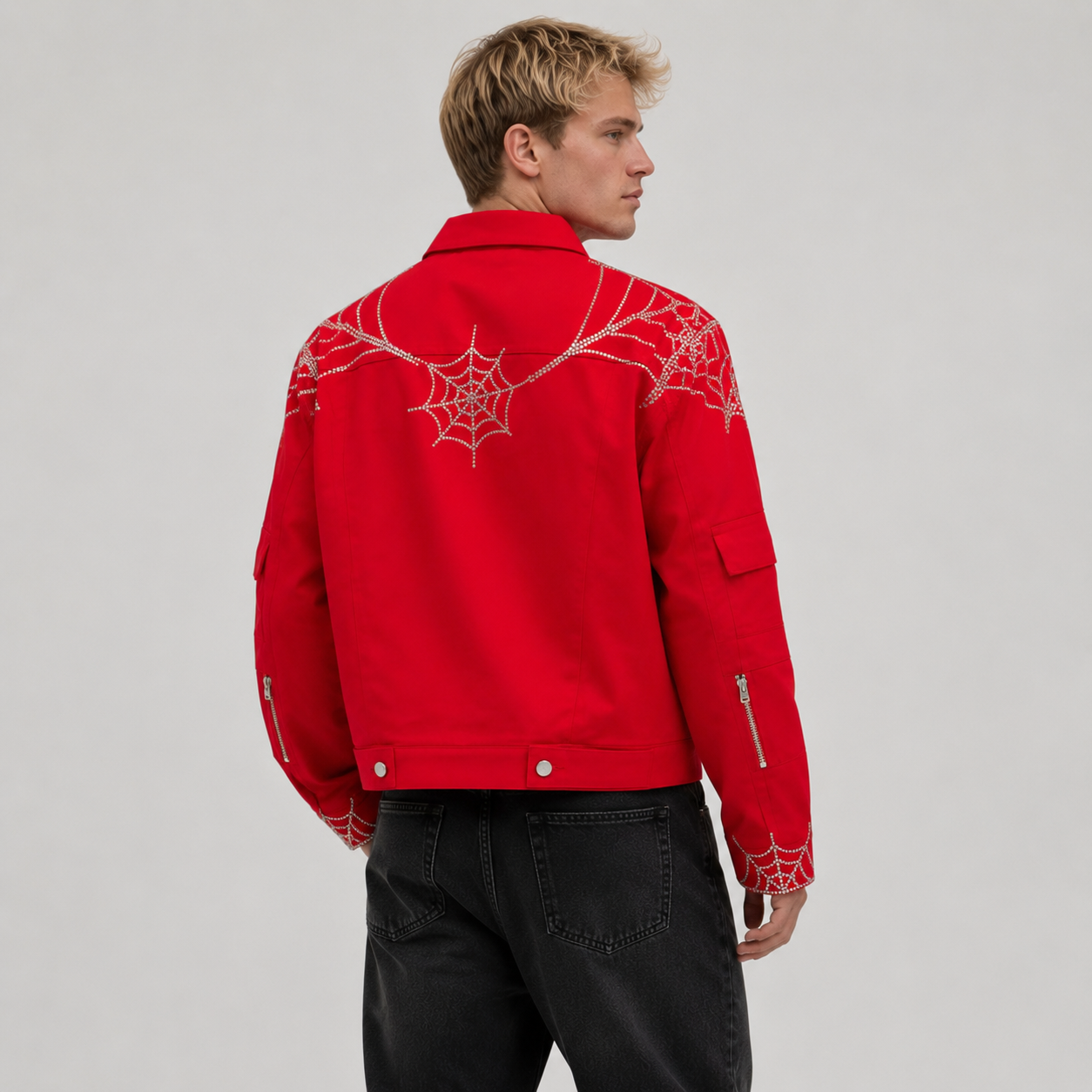 Sp5der Web Denim Cropped Trucker Jacket Red