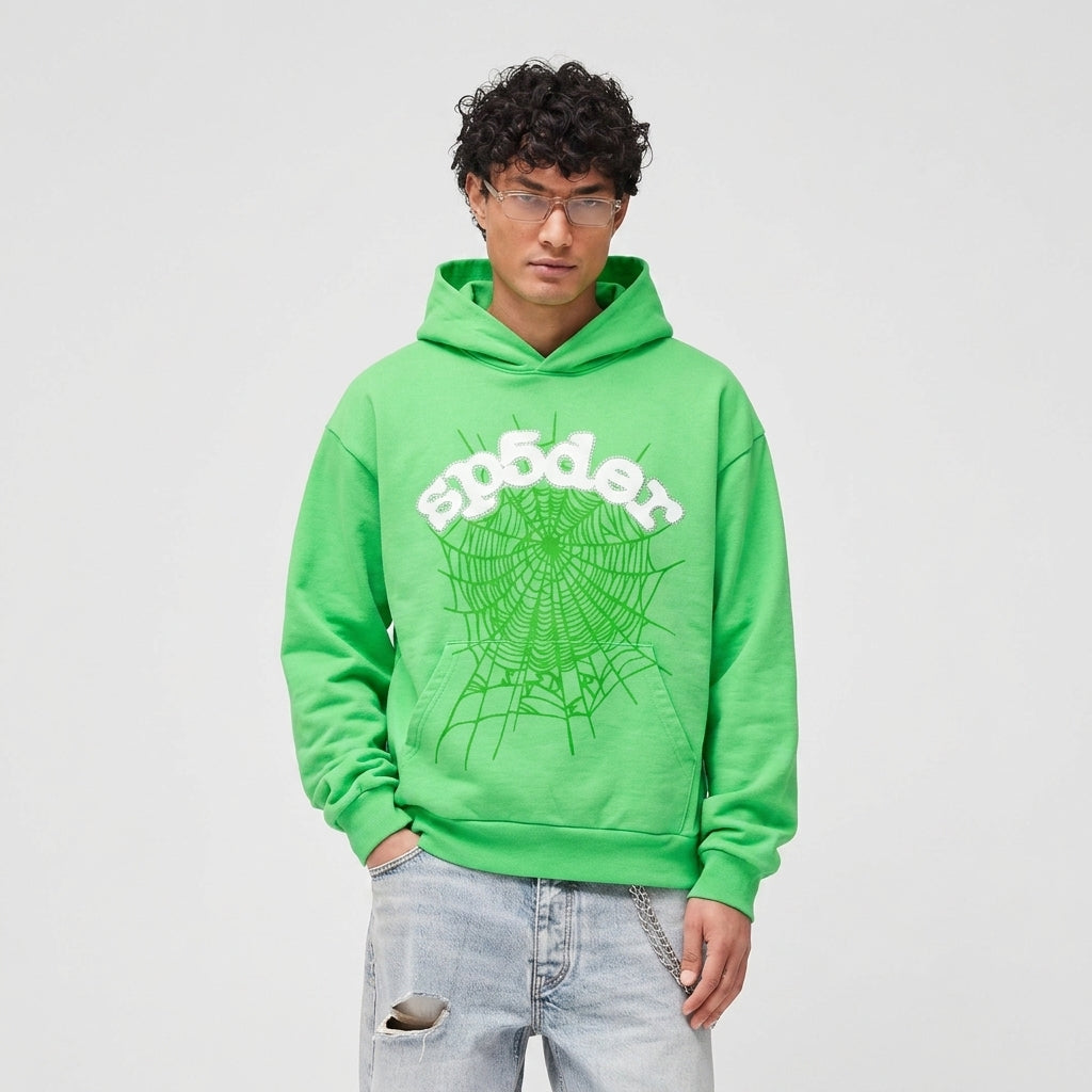 Sp5der Rhinestone Web Hoodie Slime Green